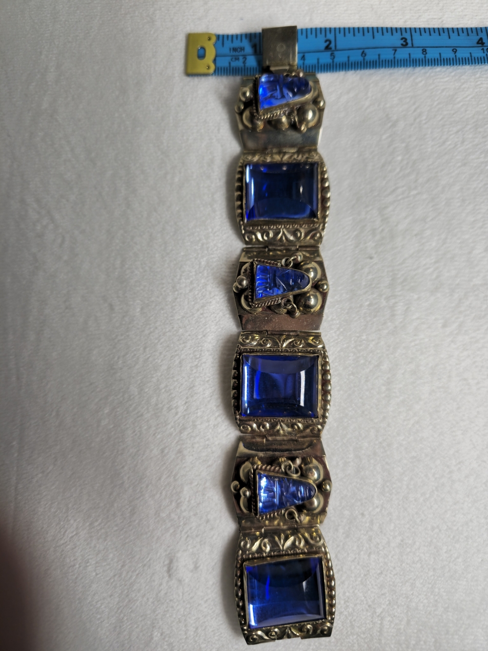 1940's Vintage Cobalt Glass And Sterling Silver Taxco Bracelet